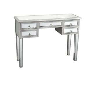 MTFY Mirrored Console Table,Mirrored Makeup Vanity Table Desk, 5 Drawer Media Console Table for Women Home Office Writing Desk Smooth Finish with Ring Knobs (5 Drawer,Silver)