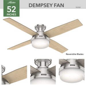 Hunter Fan Company Dempsey 52-inch Indoor Brushed Nickel Modern Ceiling Fan With Bright LED Light Kit, Remote Control, and Reversible WhisperWind Motor Included