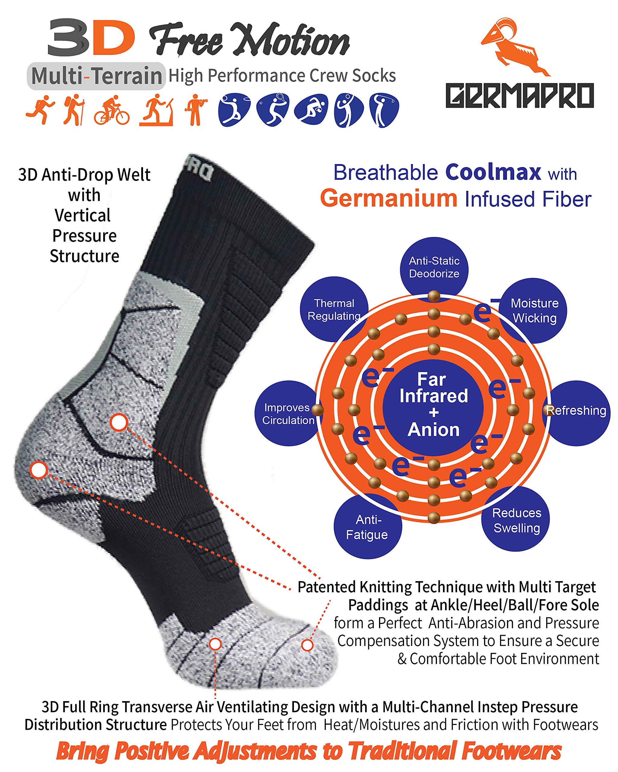 Men's Breathable Hiking Work Boot Socks w/Anti-Stress Moisture Wicking Germanium & Coolmax Fiber Lite-Compression 1/2 pr (XX-Large, 2 Dark Grey Pack)