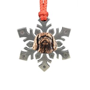 handcrafted copper plated pekingese head hanging snowflake ornament for decorating holiday wreaths and christmas trees - made in united states - sku dc136sf