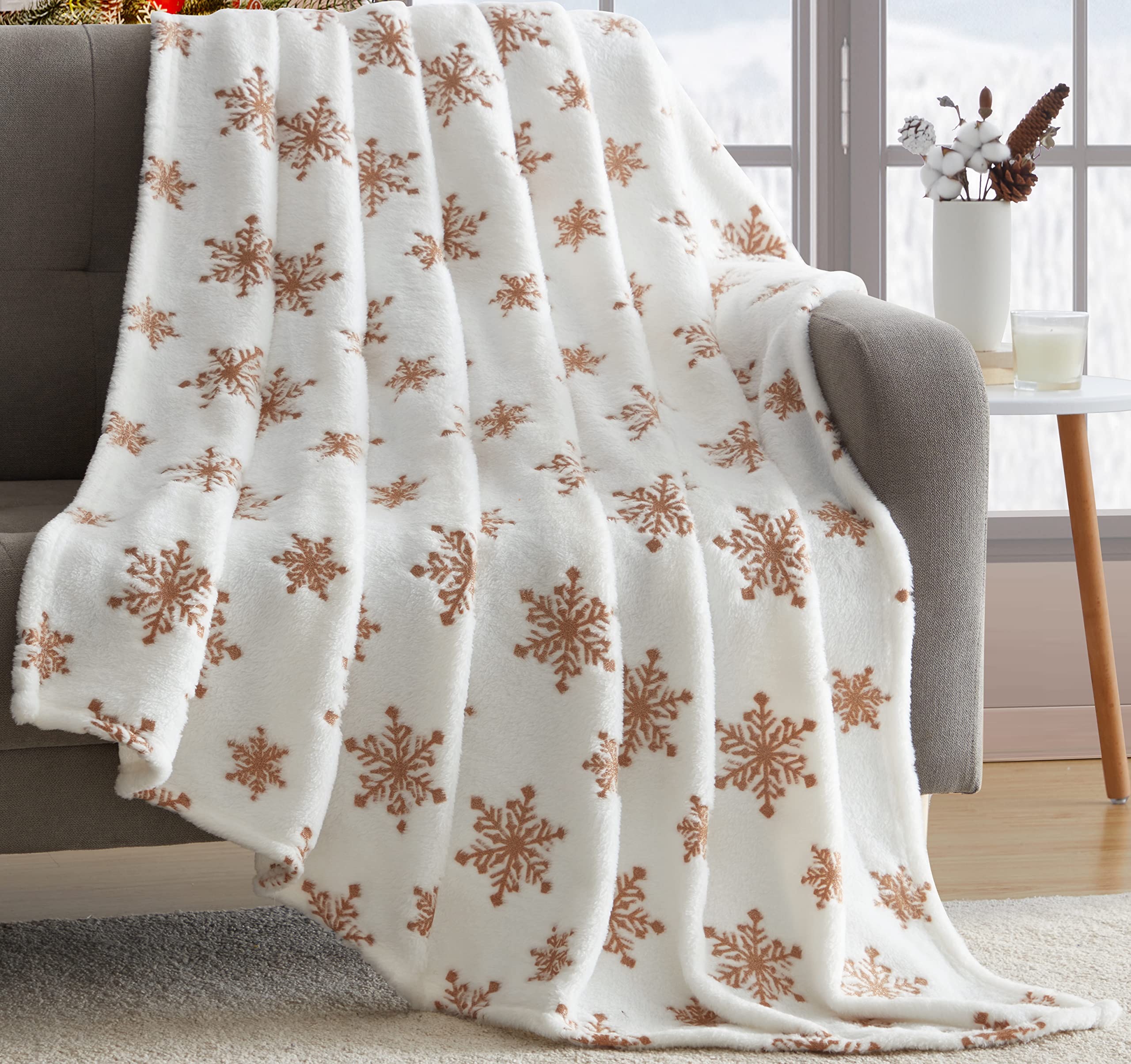 Serafina Home Christmas Holiday Throw Blanket: Velvelty Soft, Durable Fleece Accent for Bed or Couch (Golden Snowflakes, 50 x 60 inches)