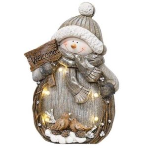 a cheerful giver welcome snowman with led lights- silver collectible christmas figurine - seasonal home décor - holiday table top decoration - poly-resin ornament