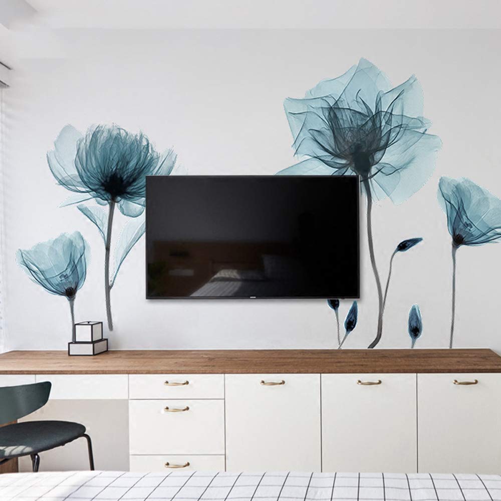 M ACHOOSE Blue Flower Wall Decals Peel and Stick Wall Stickers Removable Decal Stick Wall Art Murals Home Wall Decor for Bedroom Living Room Wall Decaoration