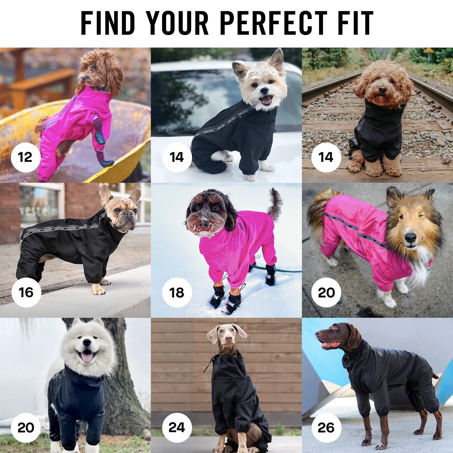 Canada Pooch Dog Slush Suit Dog Bodysuit for Rain and Snow Full Body Dog Suit Water-Resistant Dog Onesie (Black, 20 (19-21" Back Length))