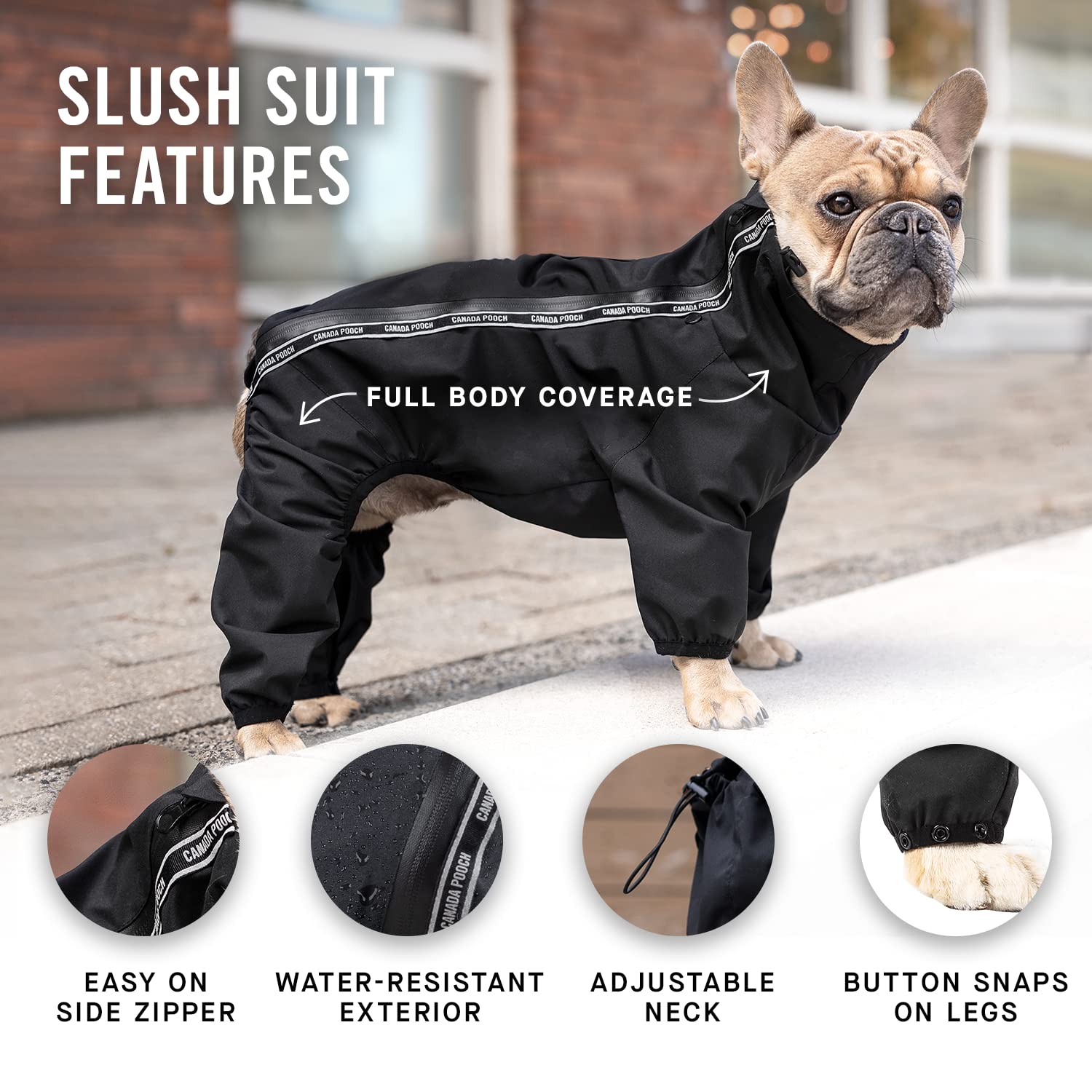 Canada Pooch Dog Slush Suit Dog Bodysuit for Rain and Snow Full Body Dog Suit Water-Resistant Dog Onesie (Black, 20 (19-21" Back Length))