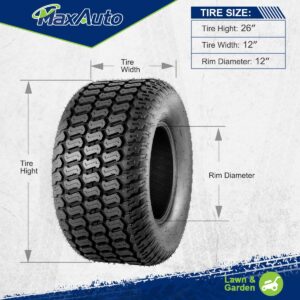 MaxAuto 26x12-12 26x12x12 Turf Tires for Lawn & Garden Mower,4 Ply Tubeless, Set of 2