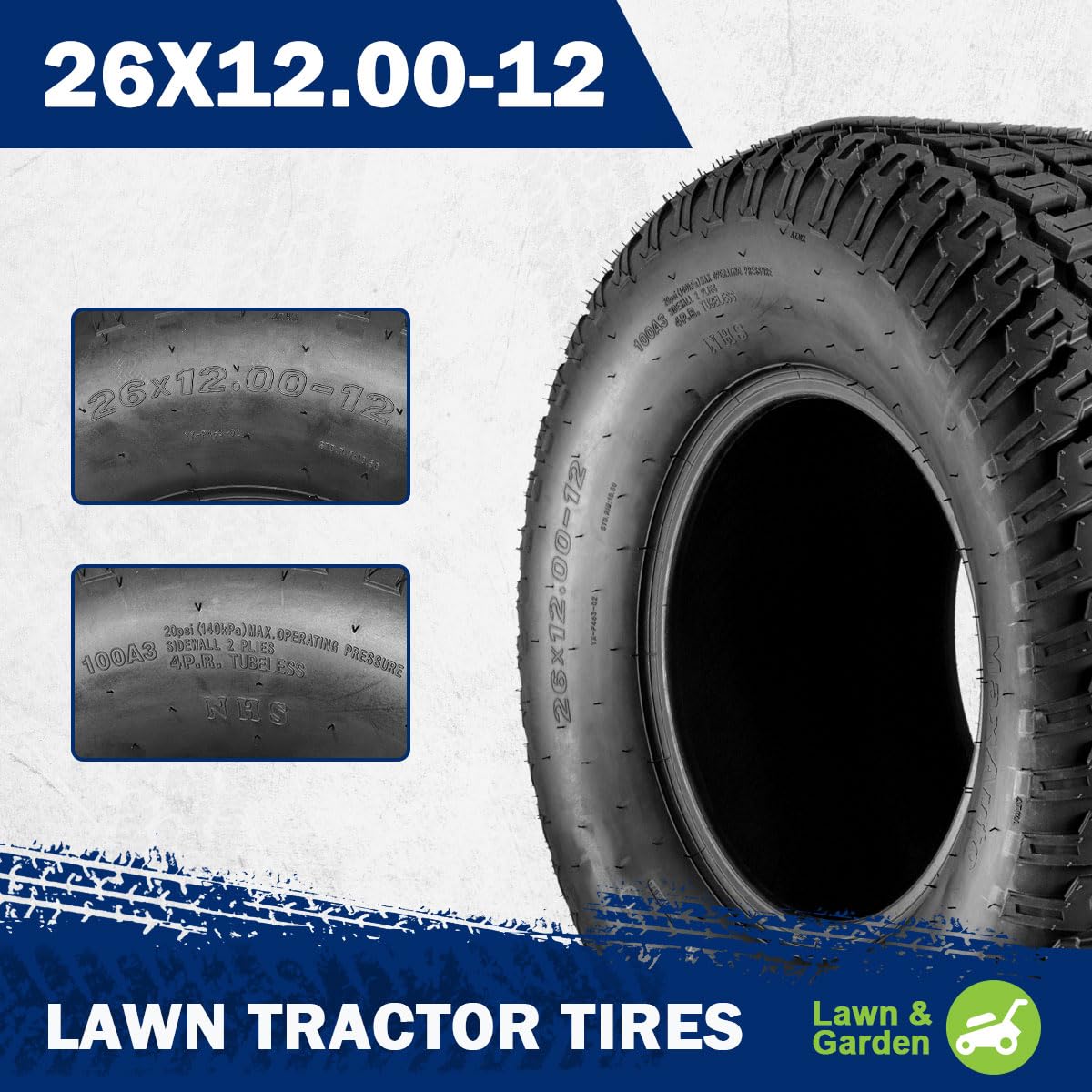 MaxAuto 26x12-12 26x12x12 Turf Tires for Lawn & Garden Mower,4 Ply Tubeless, Set of 2