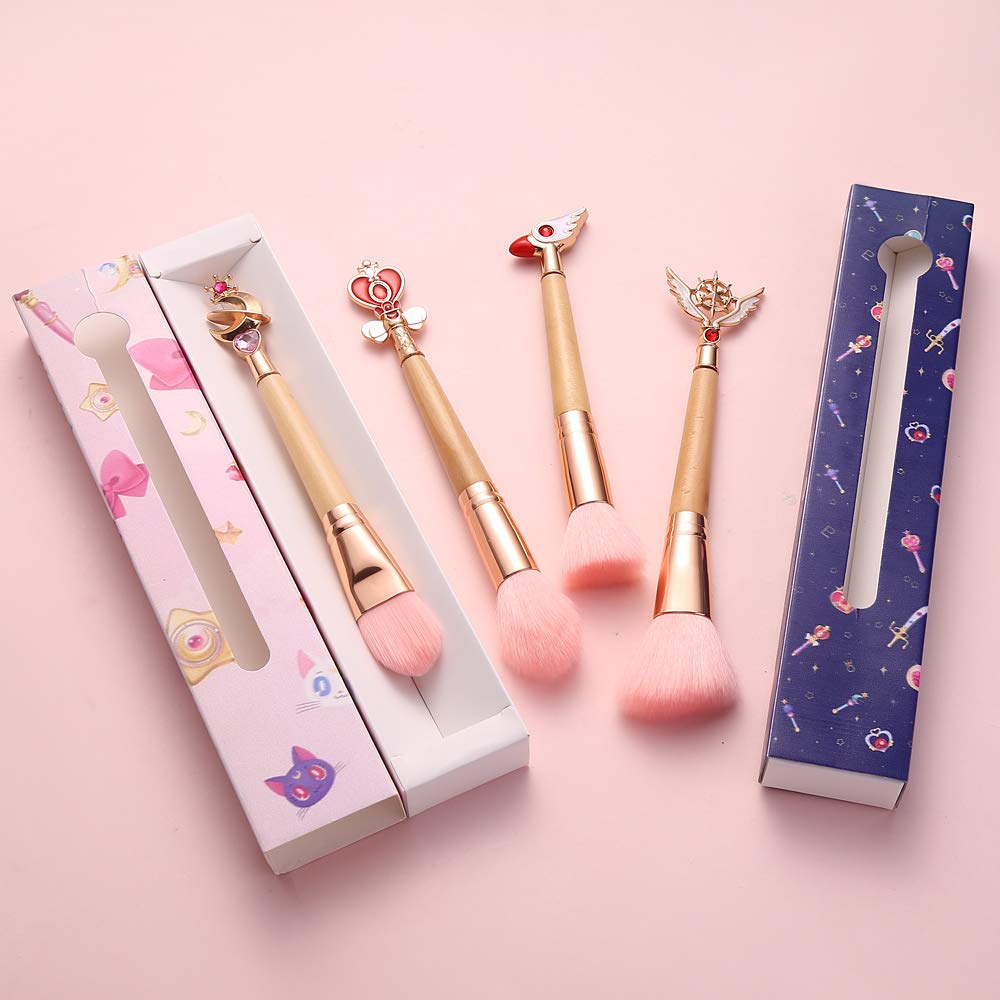 Bamboo Handle Makeup Brush Tool Sailor Moon/Cardcaptor Sakura Makeup Brushes Metal Brush Head Pink Soft Hair Pinceaux Maquillage (Moon)