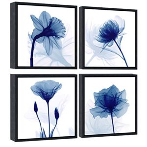 pyradecor black framed blue flickering flower modern abstract paintings canvas wall art grace floral pictures on canvas prints 4 panels artwork for bedroom office home decorations