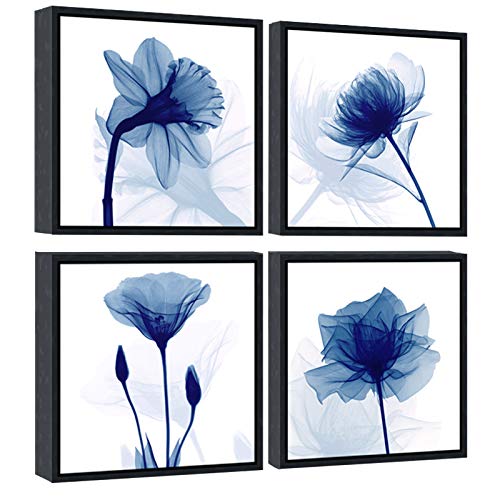 Pyradecor Black Framed Blue Flickering Flower Modern Abstract Paintings Canvas Wall Art Grace Floral Pictures on Canvas Prints 4 Panels Artwork for Bedroom Office Home Decorations