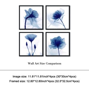 Pyradecor Black Framed Blue Flickering Flower Modern Abstract Paintings Canvas Wall Art Grace Floral Pictures on Canvas Prints 4 Panels Artwork for Bedroom Office Home Decorations