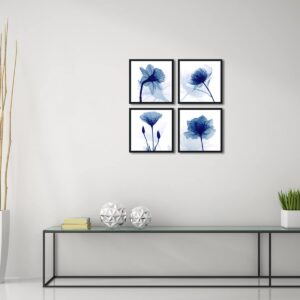 Pyradecor Black Framed Blue Flickering Flower Modern Abstract Paintings Canvas Wall Art Grace Floral Pictures on Canvas Prints 4 Panels Artwork for Bedroom Office Home Decorations