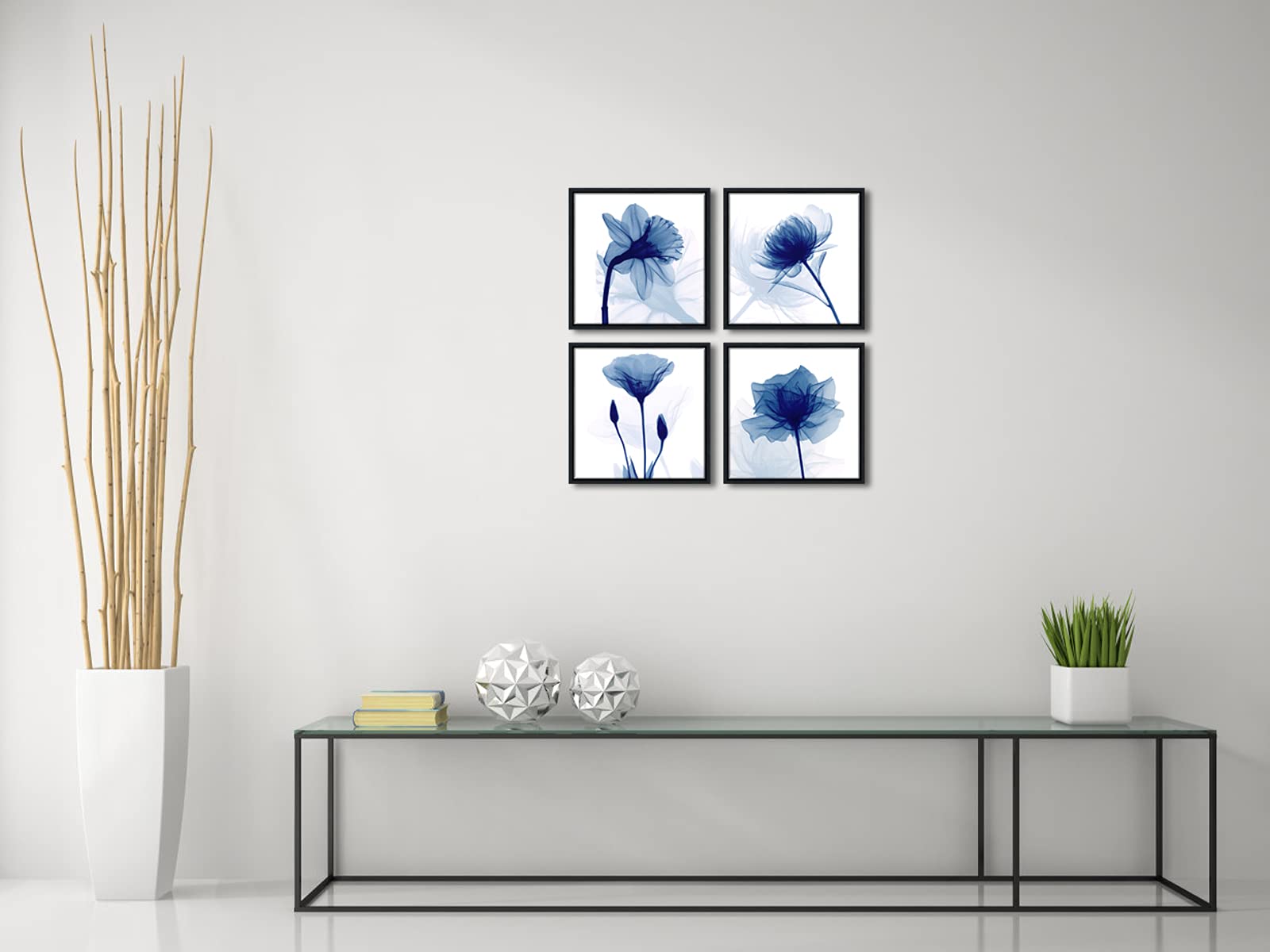 Pyradecor Black Framed Blue Flickering Flower Modern Abstract Paintings Canvas Wall Art Grace Floral Pictures on Canvas Prints 4 Panels Artwork for Bedroom Office Home Decorations