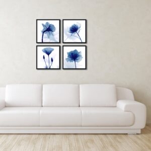 Pyradecor Black Framed Blue Flickering Flower Modern Abstract Paintings Canvas Wall Art Grace Floral Pictures on Canvas Prints 4 Panels Artwork for Bedroom Office Home Decorations