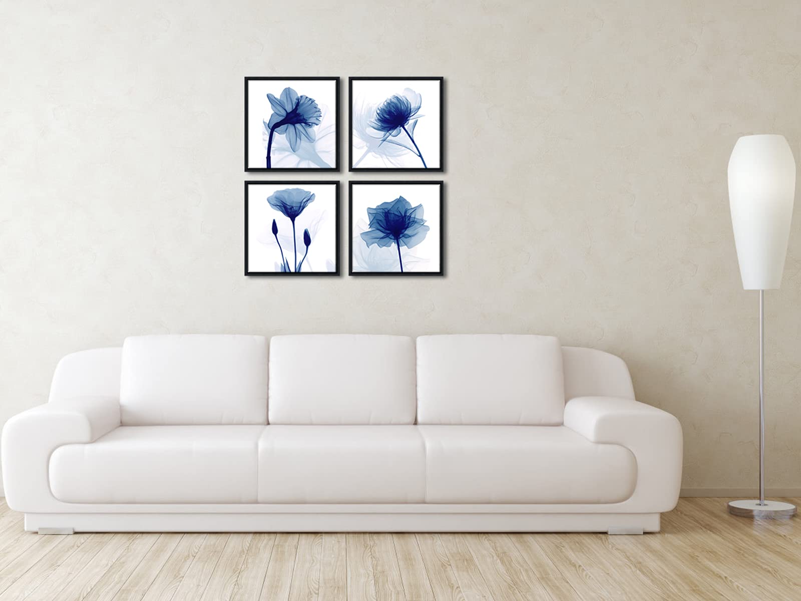 Pyradecor Black Framed Blue Flickering Flower Modern Abstract Paintings Canvas Wall Art Grace Floral Pictures on Canvas Prints 4 Panels Artwork for Bedroom Office Home Decorations