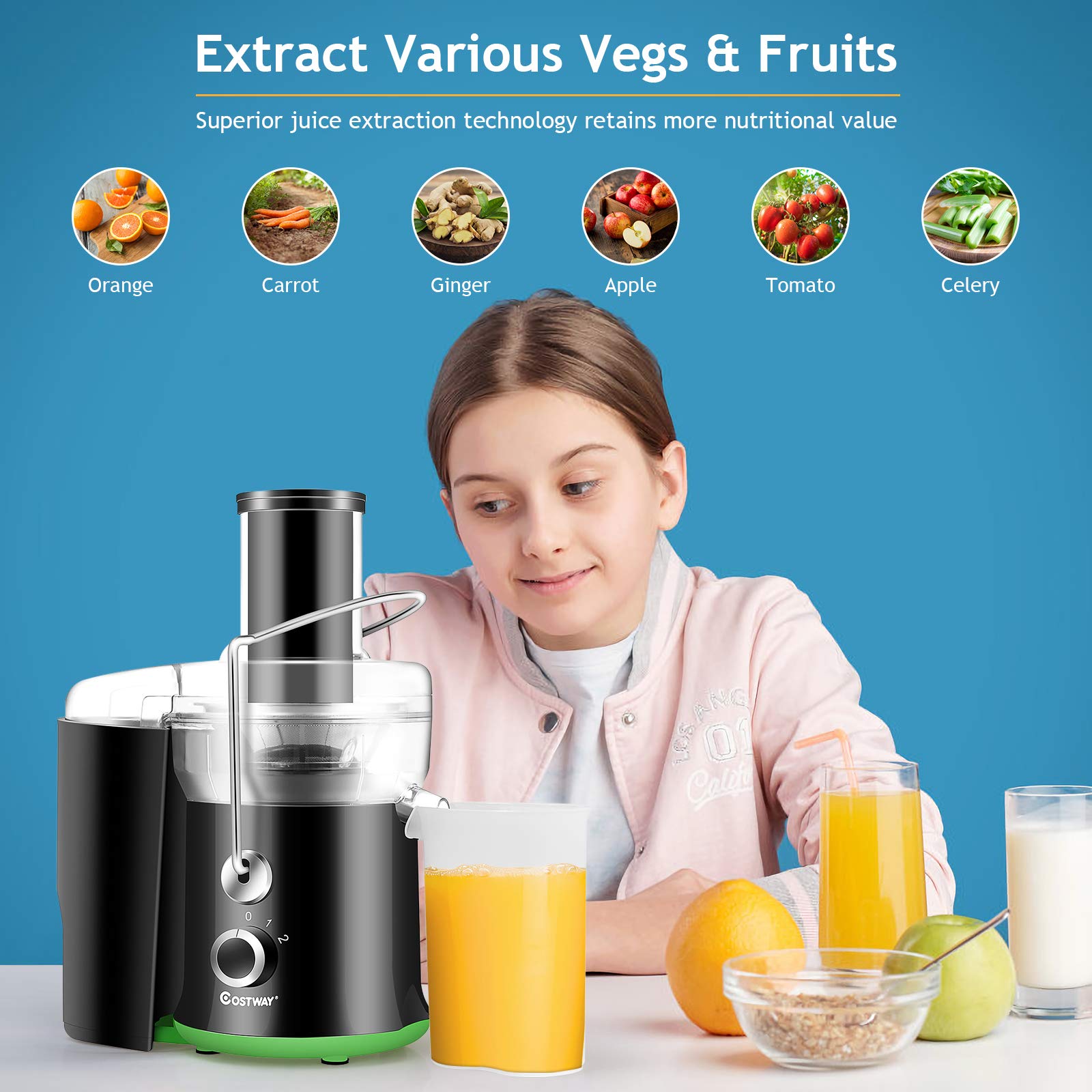 COSTWAY Juicer Machine, Centrifugal Juicer with 3-Inch Wide Mouth, BPA-Free Stainless Steel Juice Maker with 2-Speed Control, Masticating Juice Extractor for Fruit Vegetable