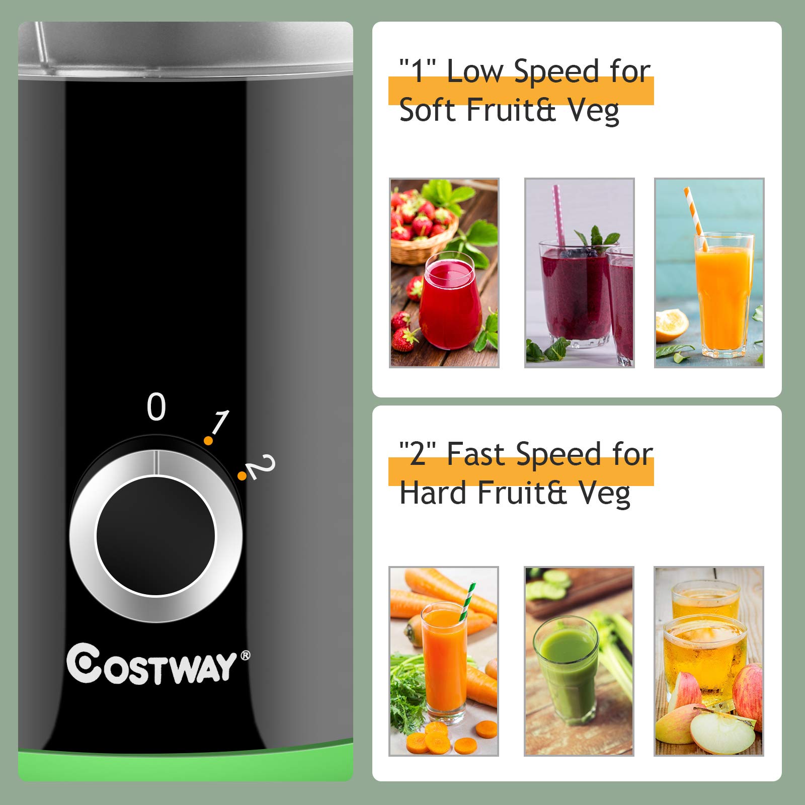 COSTWAY Juicer Machine, Centrifugal Juicer with 3-Inch Wide Mouth, BPA-Free Stainless Steel Juice Maker with 2-Speed Control, Masticating Juice Extractor for Fruit Vegetable