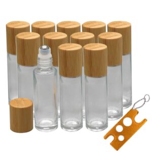 12pcs 10ml glass roll on bottle with bamboo lid for essential oils, creatiee eco-friendly refillable clear perfume sample bottles with stainless steel roller ball - portable & practical…