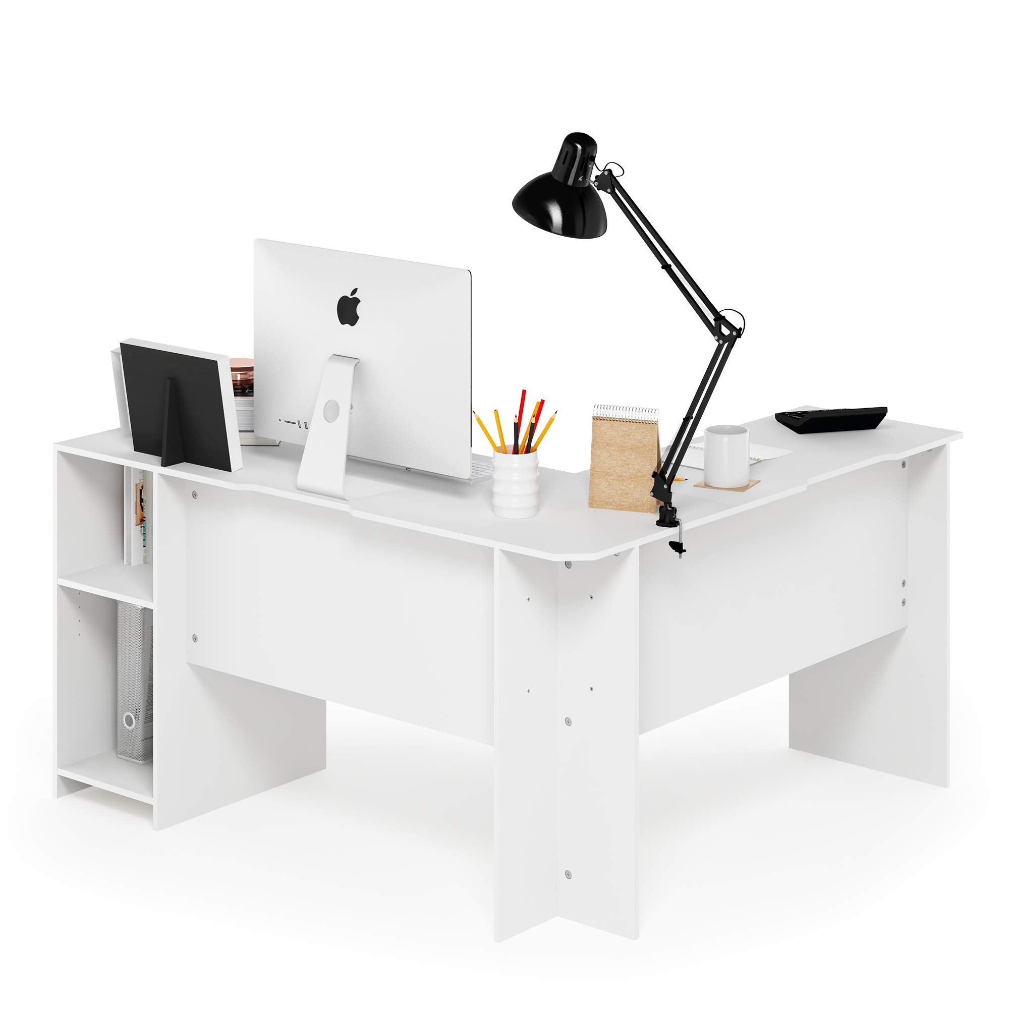 Furinno Indo L-Shaped Computer Desk with Bookshelf, White
