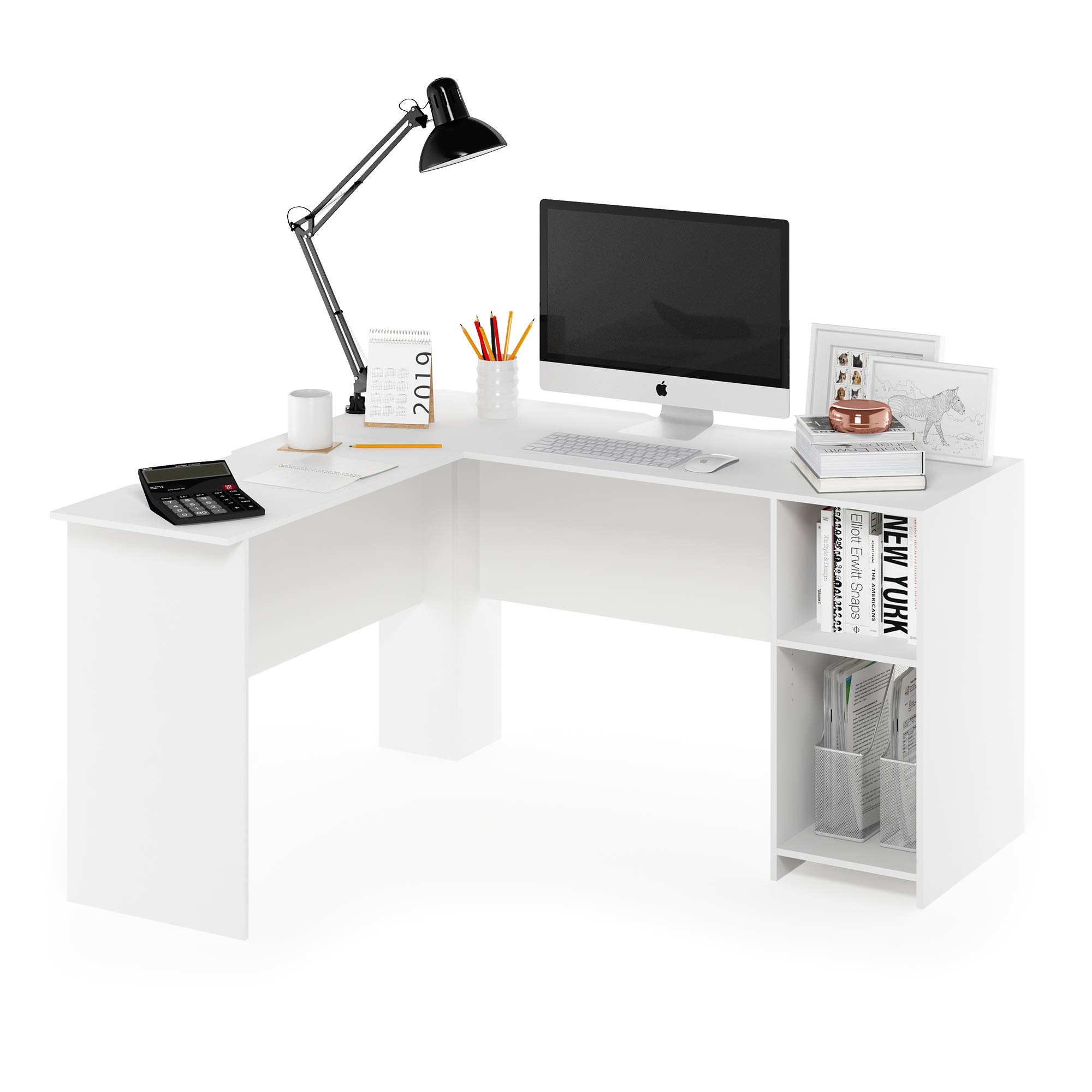 Furinno Indo L-Shaped Computer Desk with Bookshelf, White