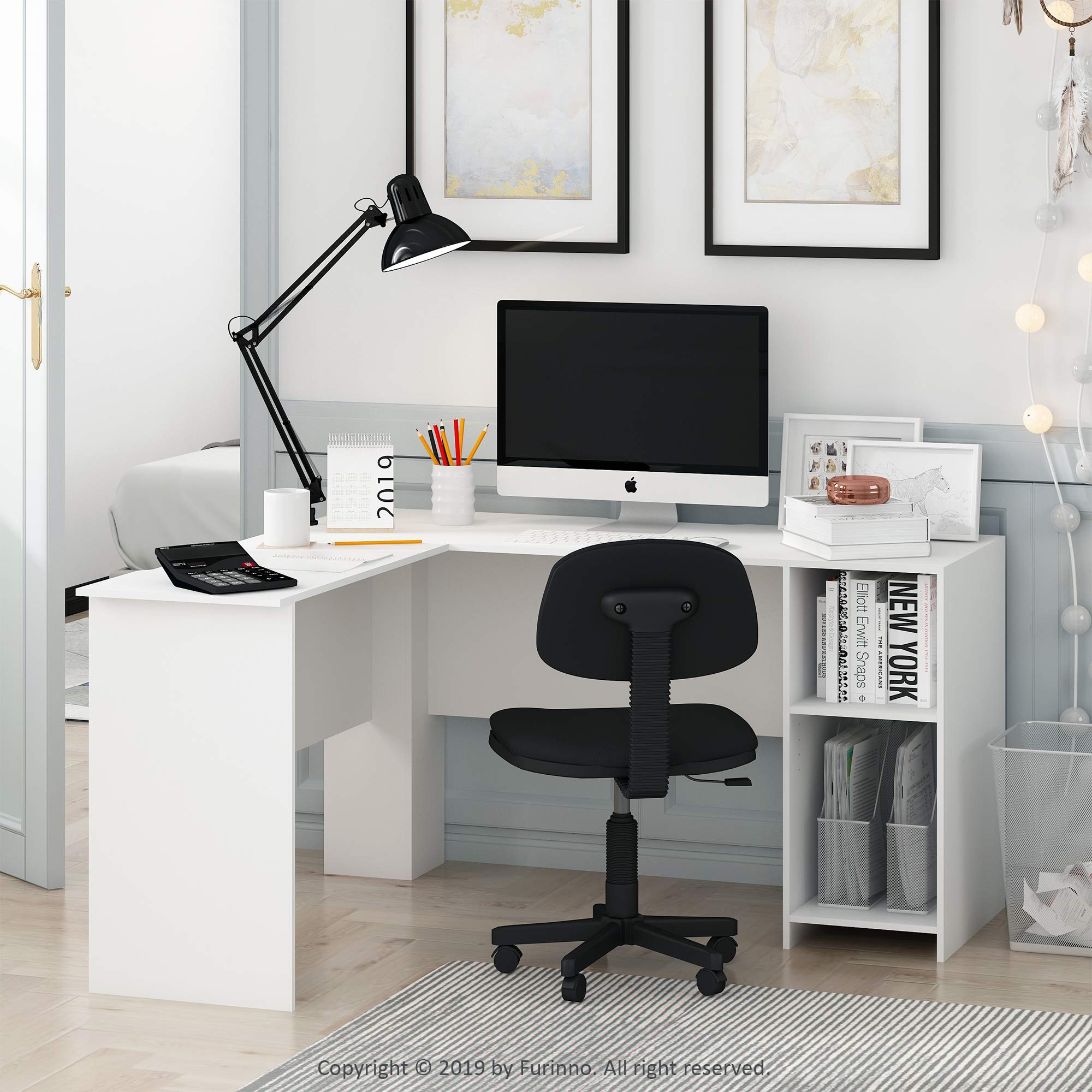 Furinno Indo L-Shaped Computer Desk with Bookshelf, White