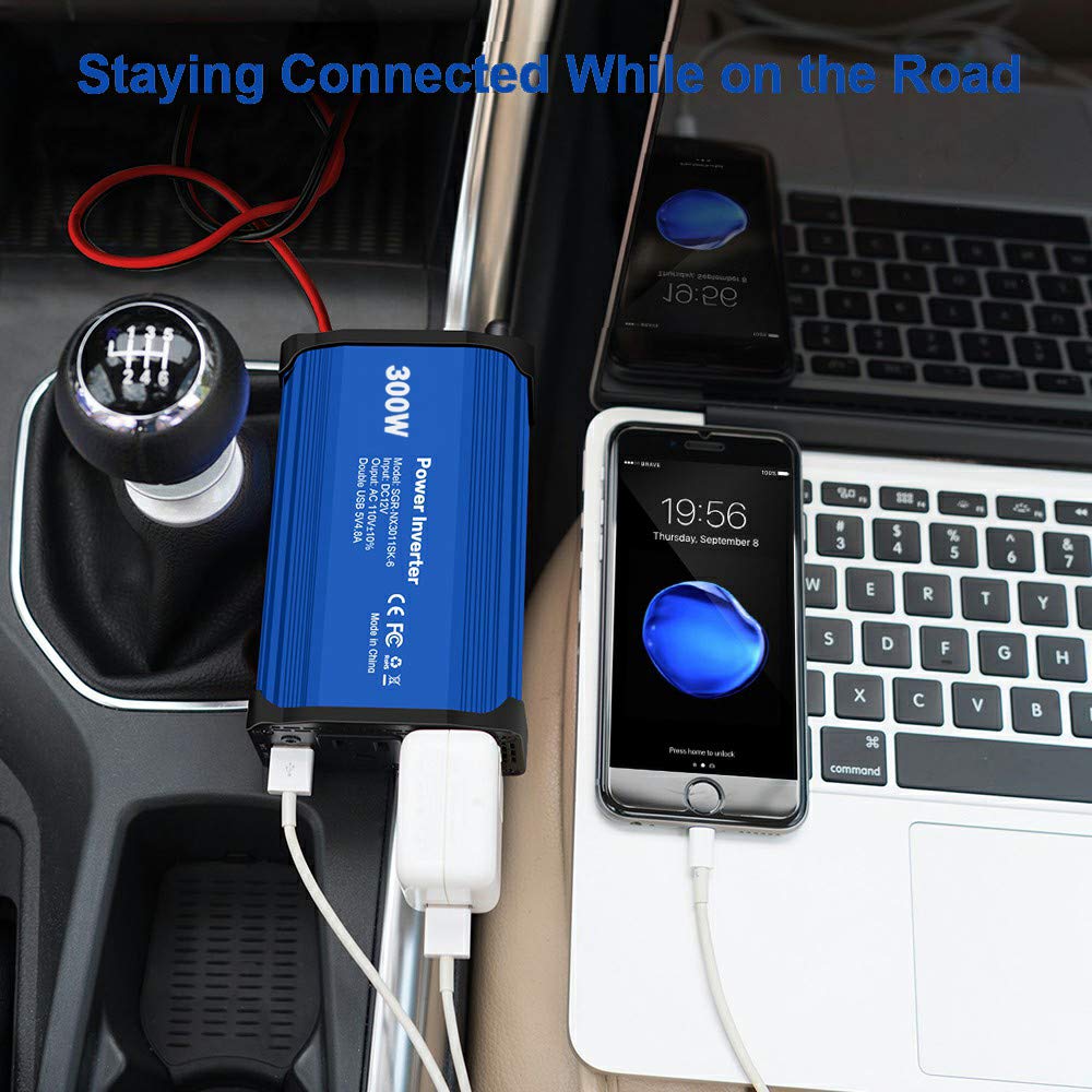 300W Power Inverter DC 12V to 110V AC Car Charger Converter with 4.8A Dual USB Ports (Blue) 1