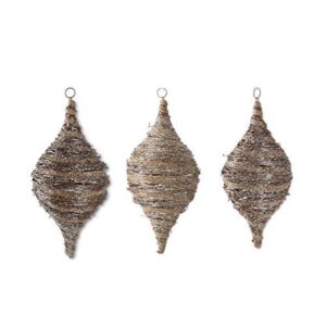 k&k interiors 53579a set of 3 glittered rattan and sisal teardrop ornaments