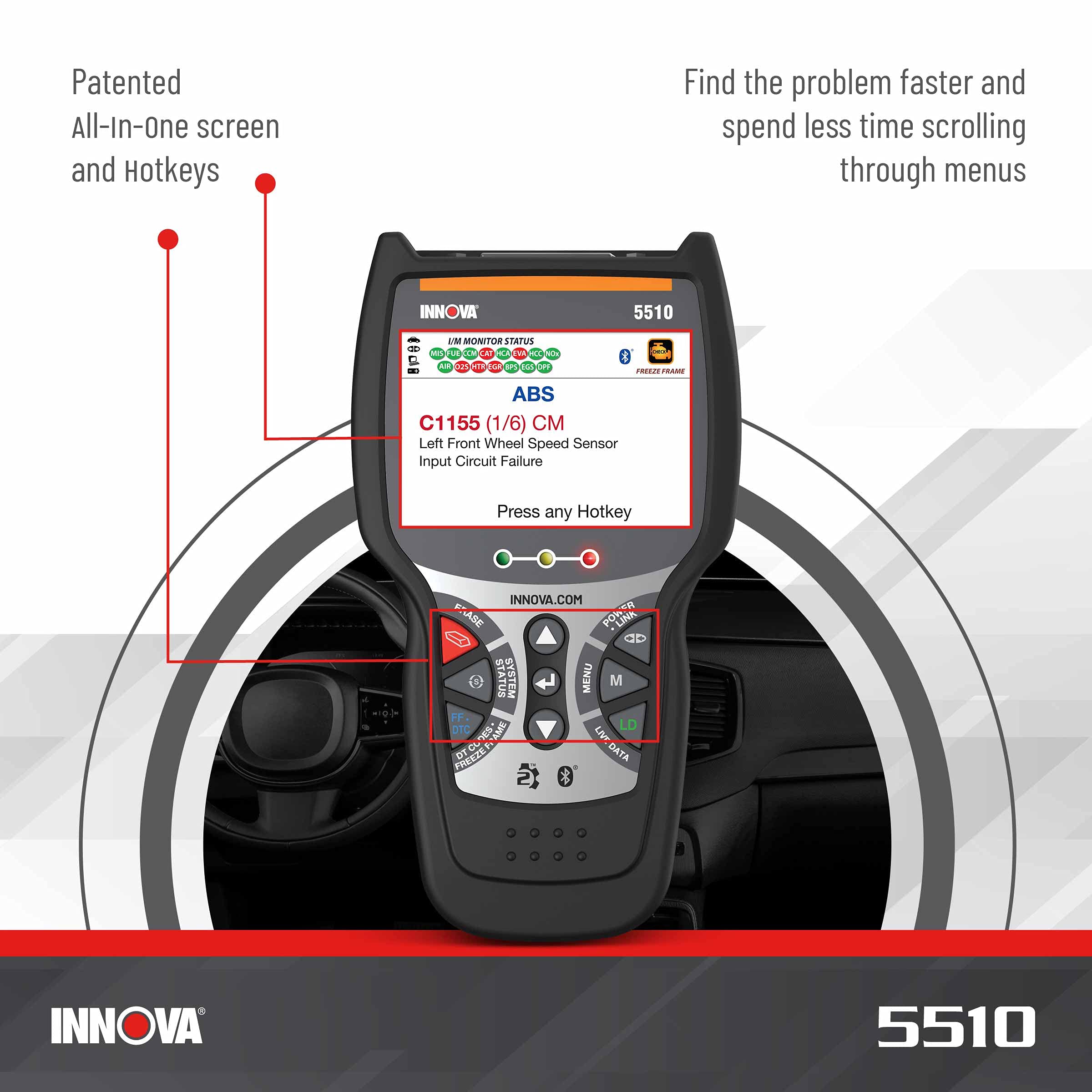 INNOVA 5510 OBD2 Scanner, Scantool for ABS Clear, All System Scanner, Caliper Service, Brake Pad Life, Read/Erase ABS/SRS Codes, Reset Oil Light, Live Data, Lifetime Free Updates