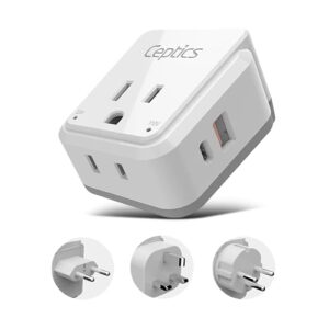 ceptics israel, jordan power plug adapter travel, 20w pd & qc, safe dual usb & usb-c 3.1a -2 usa socket - use in jerusalem, palestine, uae - includes type h, type c, type g swadapt attachments