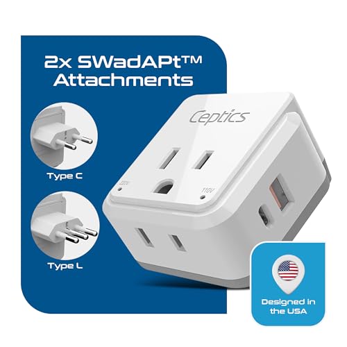 Ceptics Italy, Chile, Rome Power Plug Adapter Travel Set, 20W PD & QC, Safe Dual USB & USB-C 3.1A - 2 USA Socket - Compact - Use in Lybia, Tunisia, Uruguay Includes Type C, Type L Swadapt Attachments