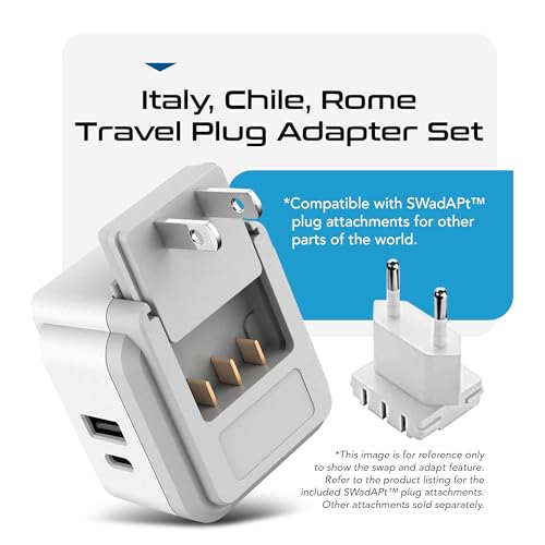 Ceptics Italy, Chile, Rome Power Plug Adapter Travel Set, 20W PD & QC, Safe Dual USB & USB-C 3.1A - 2 USA Socket - Compact - Use in Lybia, Tunisia, Uruguay Includes Type C, Type L Swadapt Attachments