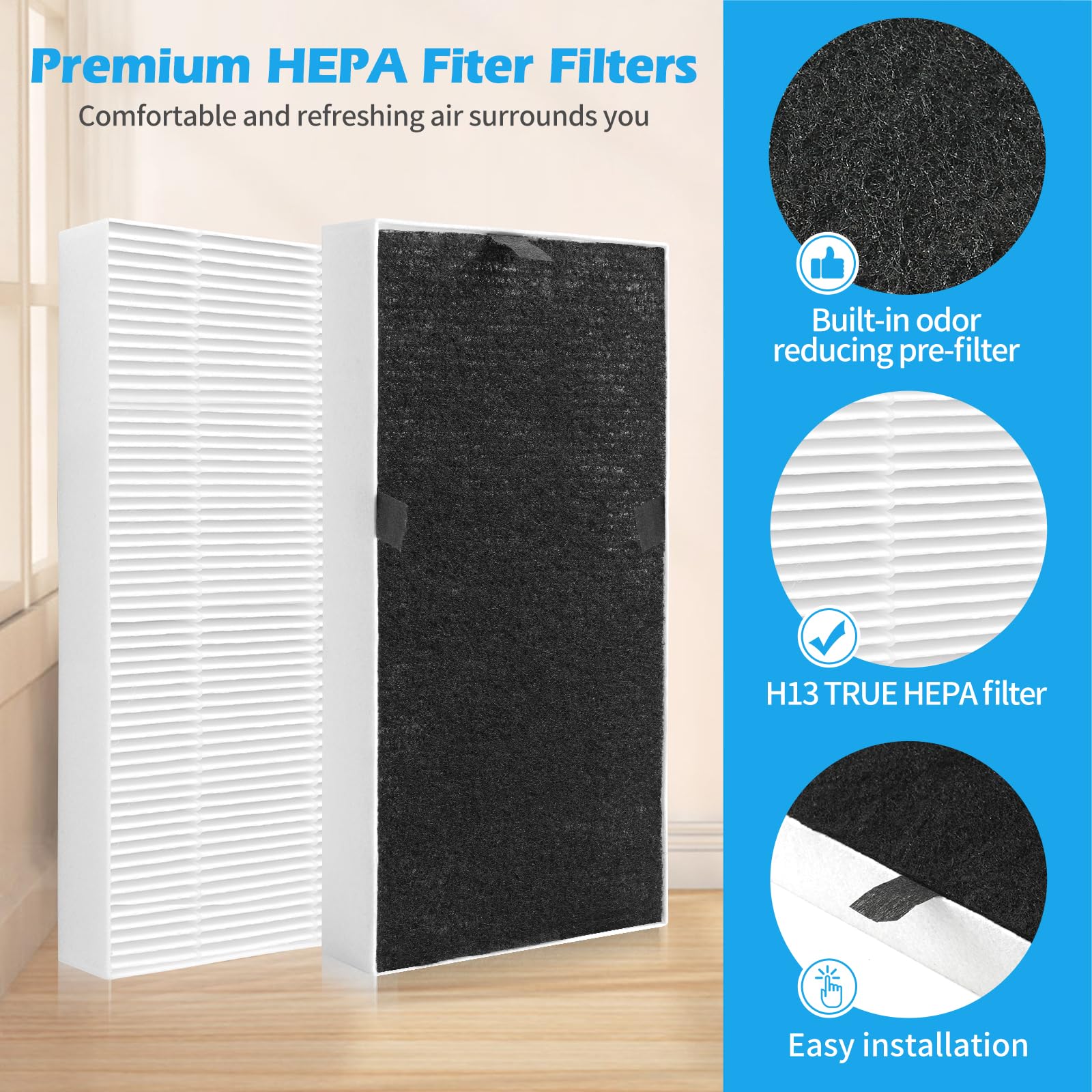 DerBlue 4Pcs H13 True Hepa Filter Replacement for Honeywell U(HRF201B) and Febreze FRF102B,Compatible with Honeywell HHT270, HHT290 and Febreze FHT170, FHT180, FHT190