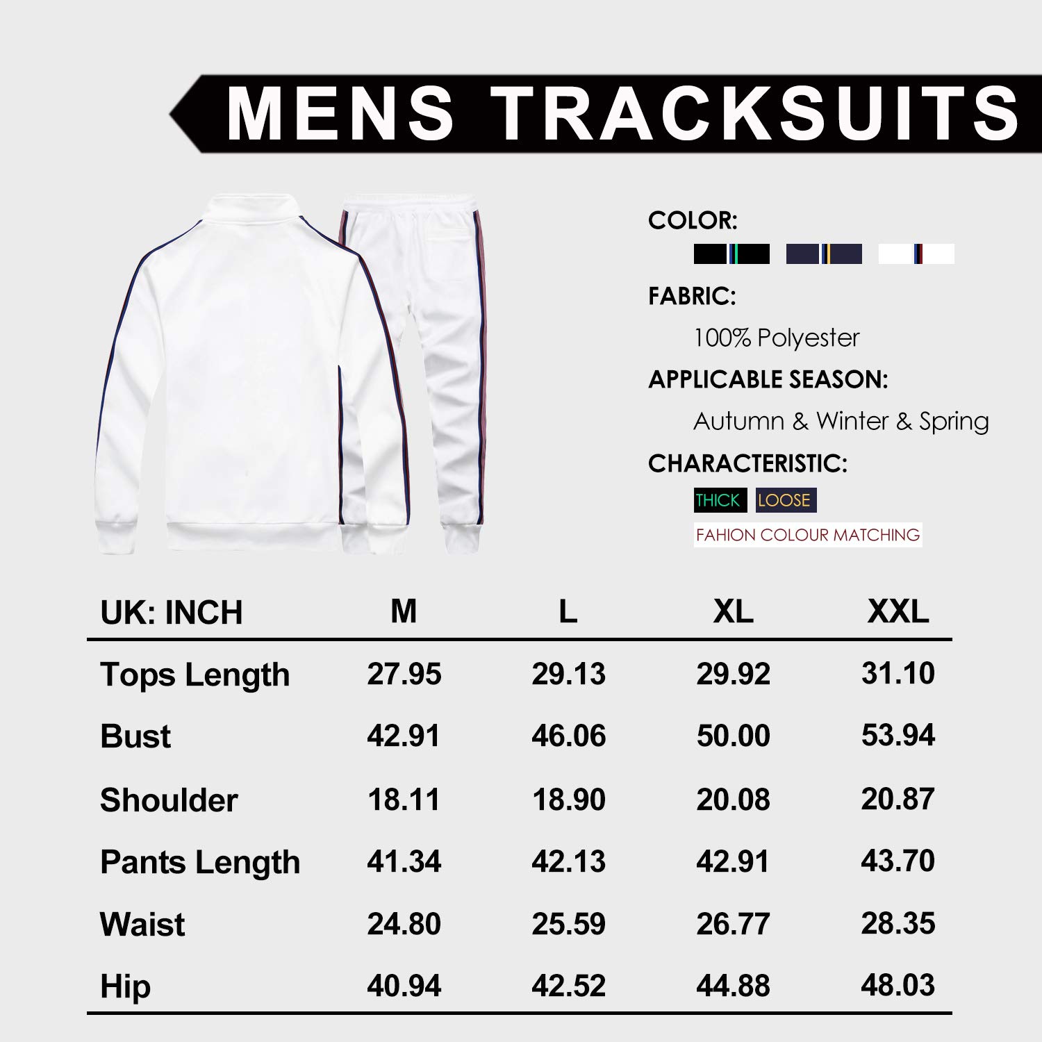 TOLOER Men 2 Piece Tracksuit Set Full Zip Athletic Sweatsuit Outfit Jogger Sport Set White Large