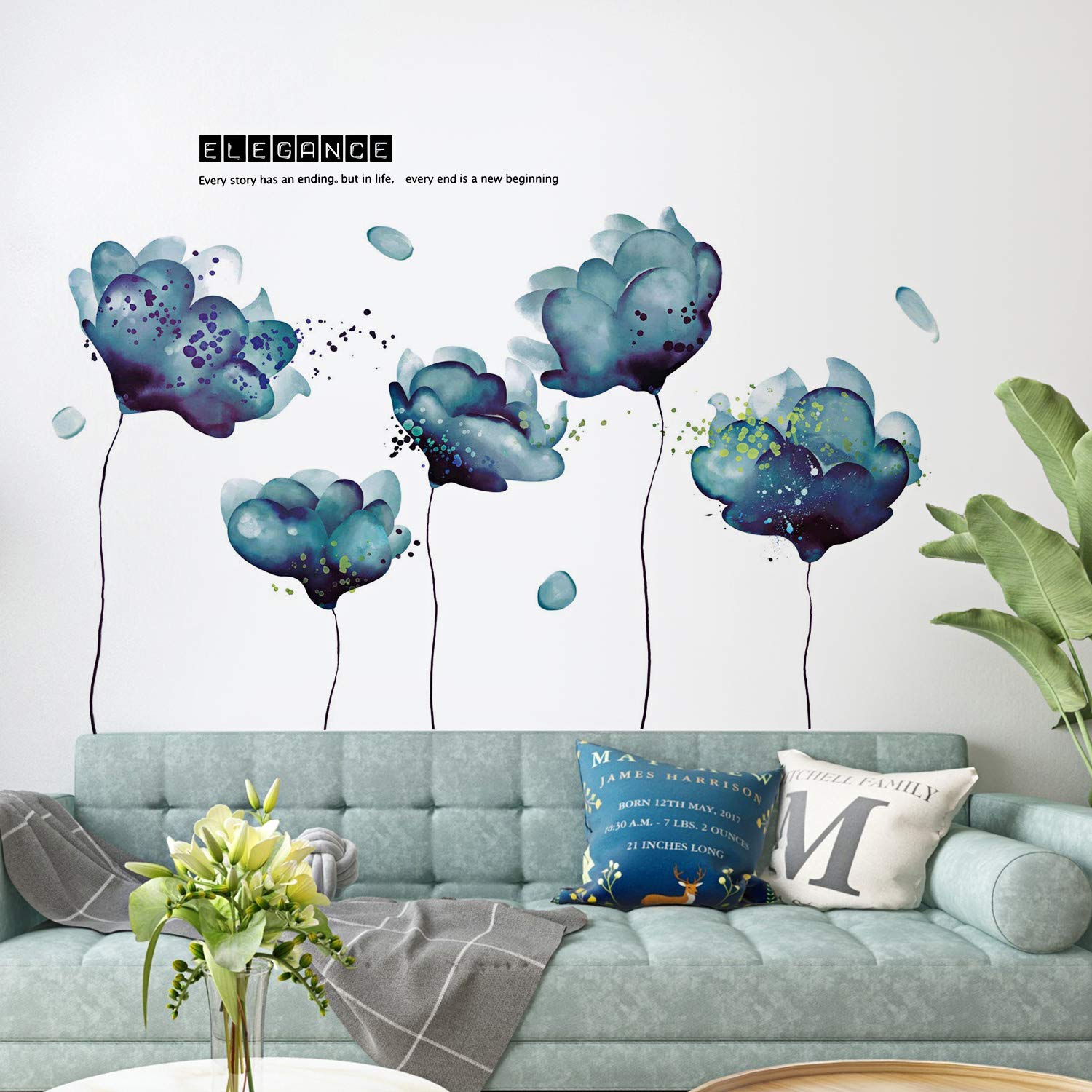 Amaonm Creative Removable 3D Light Blue Dream Flower Wall Sticker Peel Stick Home Art Decor Nursery Floral Wall Decal for Girls Bedrom Living Room Kids Rooms Bathroom Walls