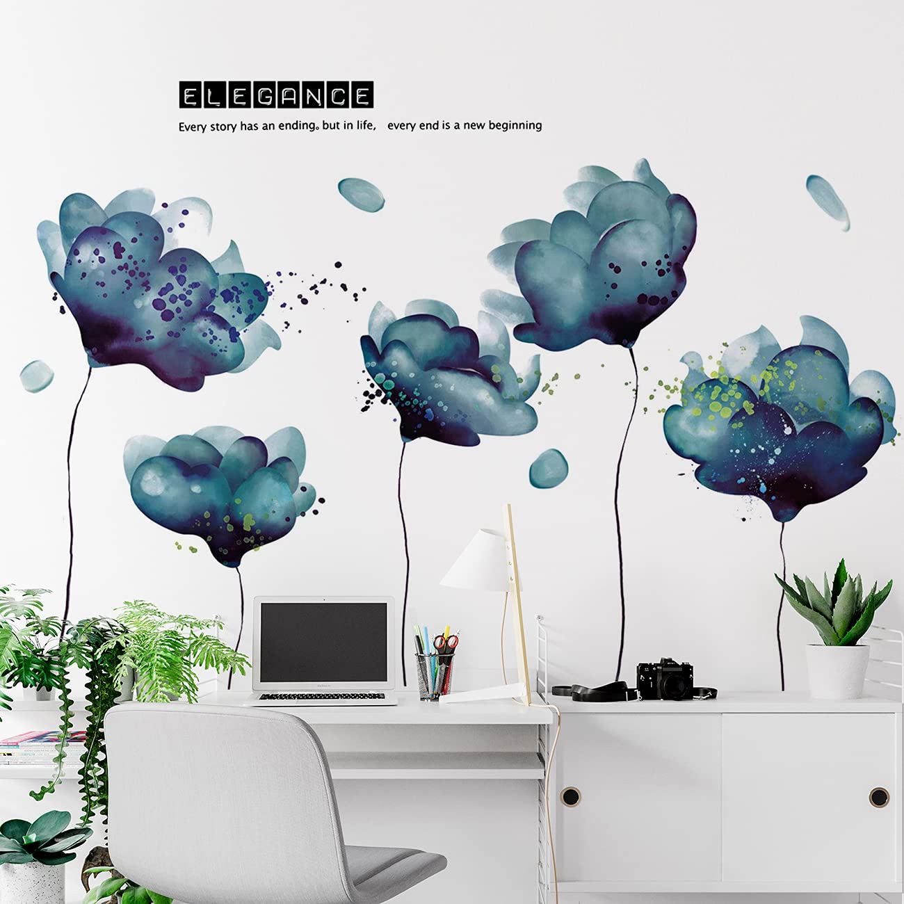 Amaonm Creative Removable 3D Light Blue Dream Flower Wall Sticker Peel Stick Home Art Decor Nursery Floral Wall Decal for Girls Bedrom Living Room Kids Rooms Bathroom Walls