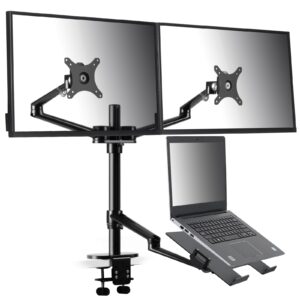 viozon monitor and laptop mount, 3-in-1 adjustable triple monitor arm desk mounts, dual desk arm stand/holder for 17 to 27 inch lcd computer screens, extra tray fits 12 to 17 inch laptops (ol-10t-b)