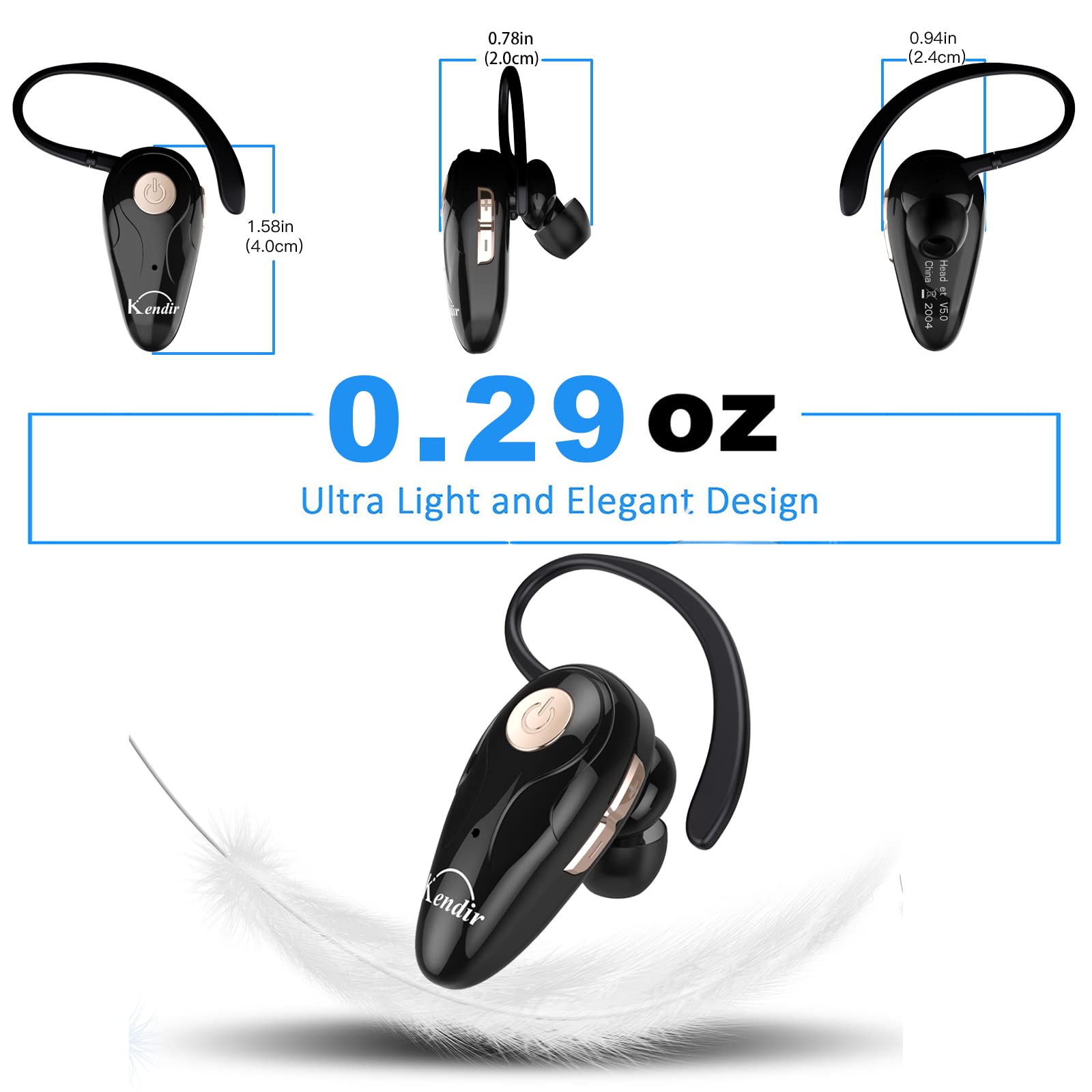 Kendir Bluetooth Headset, V5.0 Ultralight Wireless Headphone Cell Phone Earpiece with Mic Headsetcase,Volume Control, Handsfree Earbud,Compatible with Android/iPhone/Smartphones/Laptop