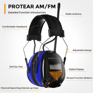 PROTEAR AM/FM Bluetooth Radio Headphones 25dB NRR,Noise Reduction Safety Earmuffs,Digital Display Headset,Lithium Battery Rechargetable Ear Hearing Protection for Walkman Mowing,Lawn,Work(Blue)