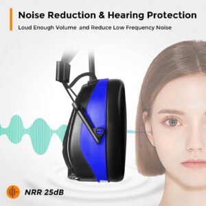 PROTEAR AM/FM Bluetooth Radio Headphones 25dB NRR,Noise Reduction Safety Earmuffs,Digital Display Headset,Lithium Battery Rechargetable Ear Hearing Protection for Walkman Mowing,Lawn,Work(Blue)