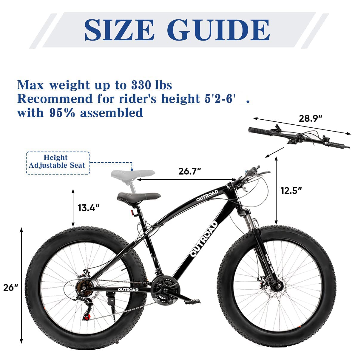 Max4out 26 inch Fat Tire Mountain Bike, 21 Speed with Dual Front Suspension, Double Disc Brake and High Carbon Steel Frame Anti-Slip Bicycle, Mens and Womens, Black