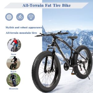 Max4out 26 inch Fat Tire Mountain Bike, 21 Speed with Dual Front Suspension, Double Disc Brake and High Carbon Steel Frame Anti-Slip Bicycle, Mens and Womens, Black