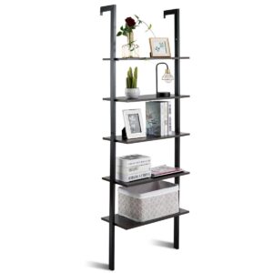 tangkula 5-shelf bookcase, modern 5-tier wood wall mounted ladder bookshelf with metal frame, 72 inches tall industrial open ladder shelf display rack storage shelves for home office (dark-brown, 1)