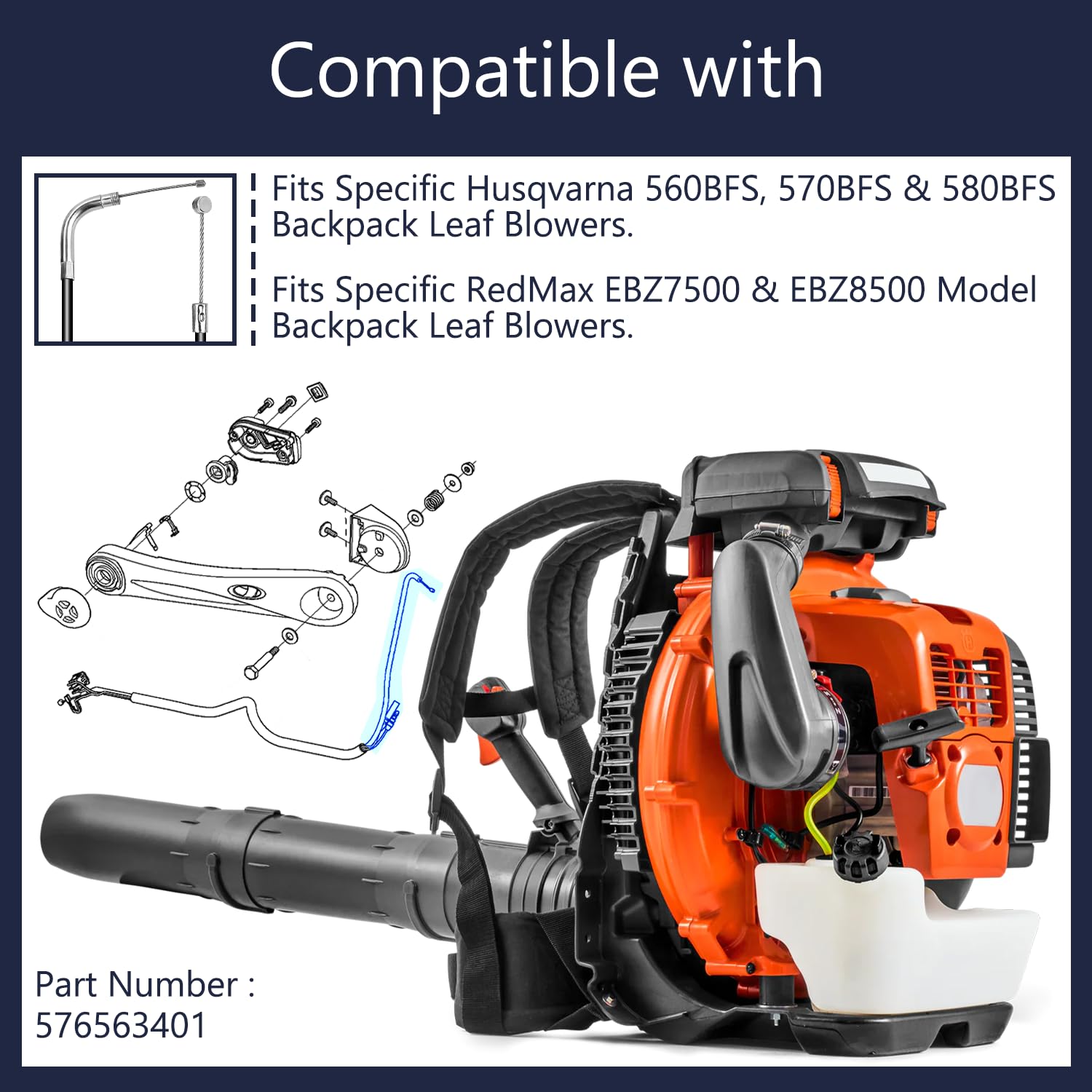 HASMX 576563401 Left Hand Throttle Cable for Husqvarna 560BFS, 570BFS & 580BFS Backpack Leaf Blowers for RedMax EBZ7500 & EBZ8500 Backpack Leaf Blowers - Length 26'' Left Hand ONLY