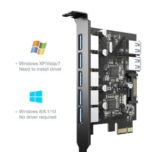 Tiergrade Superspeed 7 Ports PCI-E to USB 3.0 Expansion Card with 15-Pin SATA Power Connector - PCI Express(PCIe) Expansion Card USB Card for Desktop PC Support Windows 10/8.1/8/7/XP