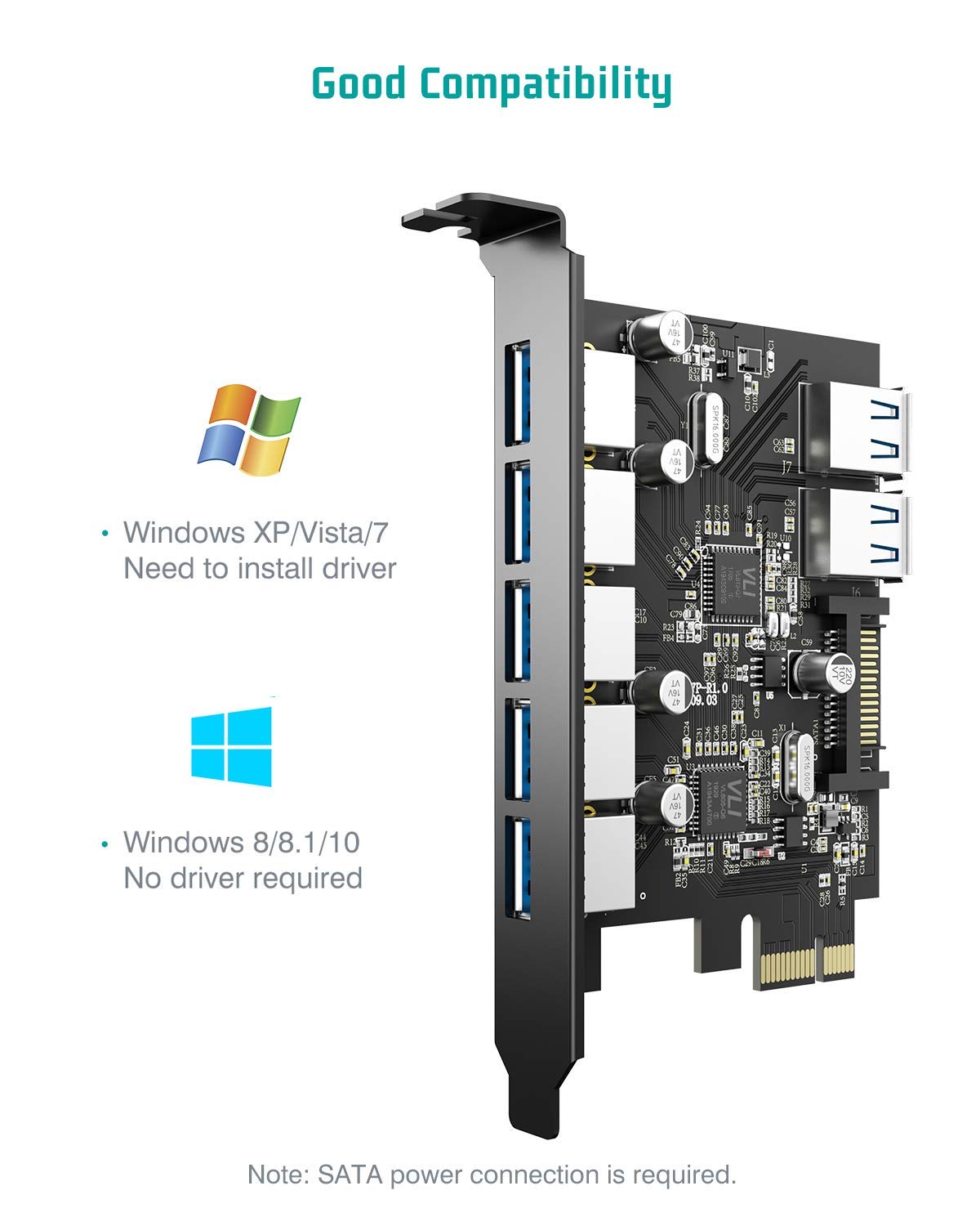 Tiergrade Superspeed 7 Ports PCI-E to USB 3.0 Expansion Card with 15-Pin SATA Power Connector - PCI Express(PCIe) Expansion Card USB Card for Desktop PC Support Windows 10/8.1/8/7/XP