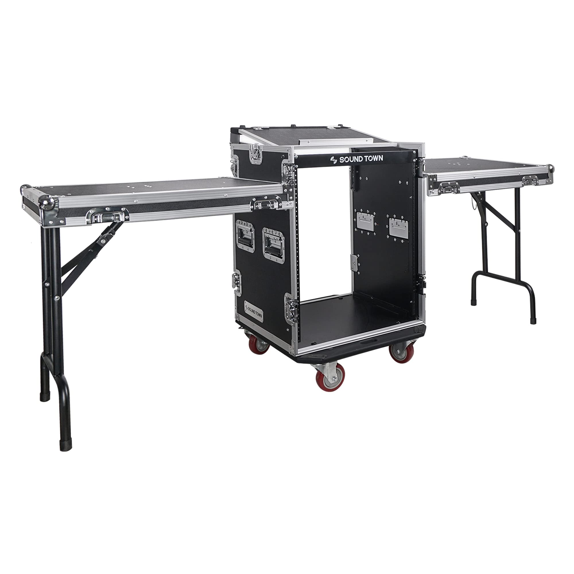 Sound Town 14U PA DJ Rack/Road ATA Case with 11U Slant Mixer Top, 20’’ Rackable Depth, 2 DJ Work Tables and Casters, 14-Space Size, Pro Tour Grade (STMR-14UWT2)