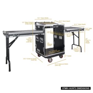 Sound Town 14U PA DJ Rack/Road ATA Case with 11U Slant Mixer Top, 20’’ Rackable Depth, 2 DJ Work Tables and Casters, 14-Space Size, Pro Tour Grade (STMR-14UWT2)