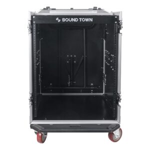 Sound Town 14U PA DJ Rack/Road ATA Case with 11U Slant Mixer Top, 20’’ Rackable Depth, 2 DJ Work Tables and Casters, 14-Space Size, Pro Tour Grade (STMR-14UWT2)