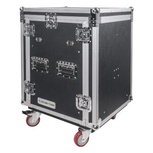 Sound Town 14U PA DJ Rack/Road ATA Case with 11U Slant Mixer Top, 20’’ Rackable Depth, 2 DJ Work Tables and Casters, 14-Space Size, Pro Tour Grade (STMR-14UWT2)