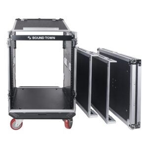 Sound Town 14U PA DJ Rack/Road ATA Case with 11U Slant Mixer Top, 20’’ Rackable Depth, 2 DJ Work Tables and Casters, 14-Space Size, Pro Tour Grade (STMR-14UWT2)